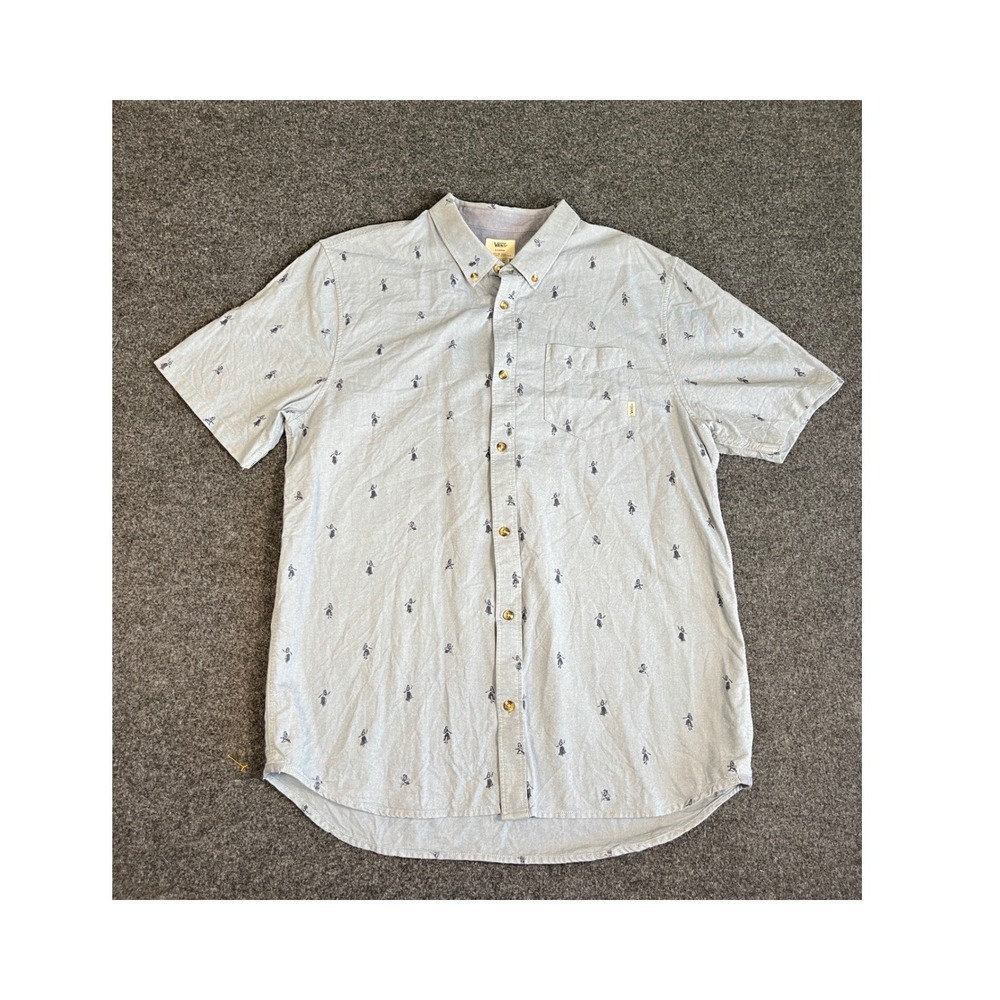 Vans Mens XL Blue Embroidered Hula Girl Short Sleeve Button Down Oxford Shirt